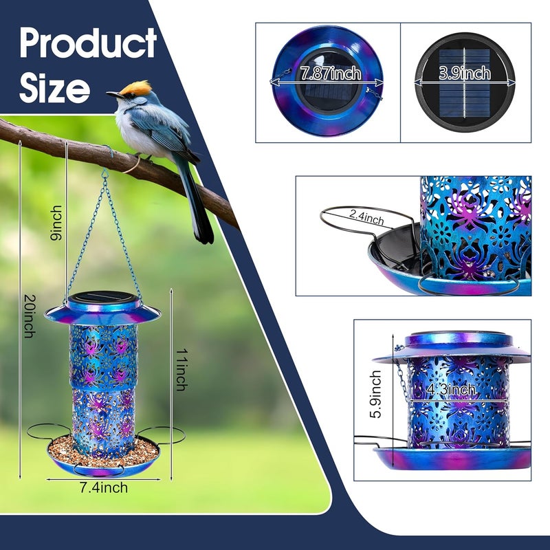 Ottsuls Solar Bird Feeder for Outdoors Hanging, Metal Wild Cardinals Garden Lantern Weatherproof, Decro Solar Birdfeeders as Gift Idea for Women Mom Grandma Bird Lovers (Update Version Blue) - Image 2